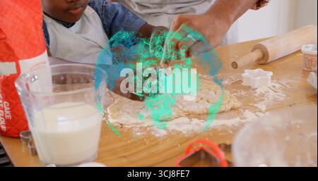 Kneten von Eltern und Kind Formen Teig in der Küche zu Hause, mit Nudel- und Keksschneider Stockfoto