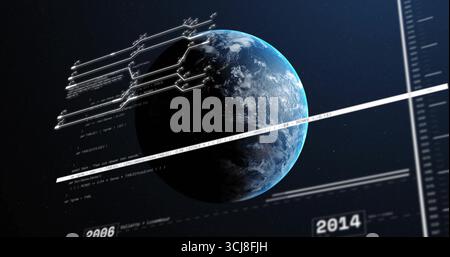 Zeigt die Erdkugel, die sich in der Weltraumschnittstelle dreht, und zeigt Code-Overlays mit der Zeitachse 2006-2014 an Stockfoto