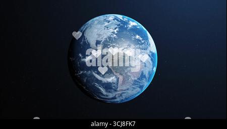 Der schwebende Planet Erde zeigt wirbelnde Wolken im Weltraum mit durchscheinenden Herzsymbolen Stockfoto