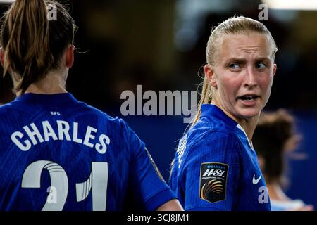 London, Großbritannien. September 2025. London, England, 5. September 2025: Aggie Beever-Jones (33 Chelsea) während des Womens Super League-Spiels zwischen Chelsea und Manchester City an der Stamford Bridge in London. (Foto: Pedro Porru/Sports Press Photo/SPP) Credit: SPP Sport Press Photo. /Alamy Live News Stockfoto
