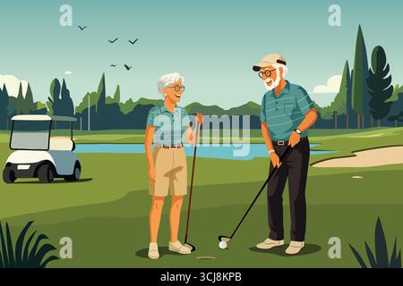Eine Vektor-Illustration eines älteren pensionierten Paares, das Golf spielt Stock Vektor
