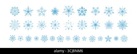 Satz handgezeichneter Buntstifte mit Symbolen für die Schneeflockenlinie. Gefrorenes Wintereiskristall. Minimal Merry Christmas and Happy New Year – ein fantastisches, skurriles Design Stock Vektor