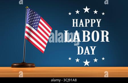 Happy Labor Day, nationales Feiertagskonzept der Vereinigten Staaten von Amerika mit amerikanischer Flagge, Sternsymbol und 3D-Illustration. Stockfoto