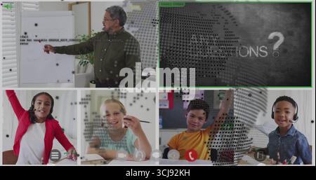 Zeigender Lehrer in grünem Hemd, leitender Bürokurs mit Whiteboard, FRAGEN? Folie, Kopierbereich Stockfoto