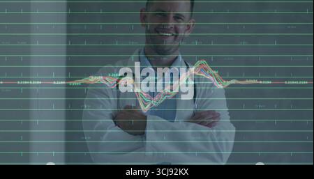 Stehender Arzt mit Labormantel im Krankenhauskorridor, mit Stethoskop, Graphen-Überlagerung Stockfoto