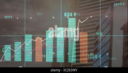 Anzeigen des Währungsdiagramms auf der Bürowand mit blaugrünen Balken, Liniendiagrammen und Währungssymbolen Stockfoto