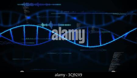 Zeigt leuchtend blaue DNA-Helix in der technischen Schnittstelle, mit Signalformen, Codeausschnitten und Datenüberlagerungen Stockfoto