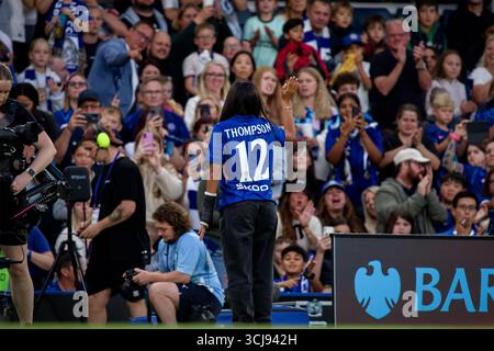 London, Großbritannien. September 2025. London, England, 5. September 2025: Alyssa Thompson (12 Chelsea) vor dem Spiel der Womens Super League zwischen Chelsea und Manchester City an der Stamford Bridge in London, England. (Foto: Pedro Porru/Sports Press Photo/SPP) Credit: SPP Sport Press Photo. /Alamy Live News Stockfoto