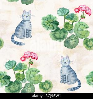 Graue Tabby-Katzen, grüne Geranienblätter und rosafarbene Blumen nahtloses Muster auf beigem Hintergrund. Zartes und verspieltes Material Stockfoto