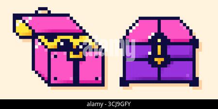 Pixel Art Spiel Farbe Schatztruhe. Stock Vektor