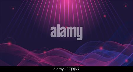 Abstrakte Vektorillustration glühender Gradientenwellen unter strahlenden Lichtstrahlen, die Bewegung, Tiefe und futuristische Energie evozieren Stock Vektor