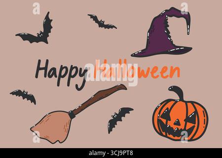 Happy Halloween Grußkarte mit Hexenhut Kürbis und Fledermaus Stock Vektor