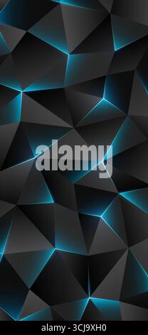 Dunkler, niedriger Polyhintergrund. Abstrakte geometrische Smartphone-Hintergrundbilder, Konzeptinnovation. Leuchtende Linien, Dreieck. Hintergrund: Graue, cyanblaue Dreiecke Stock Vektor