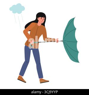 Eine Frau kämpft mit starkem Wind, während sie versucht, einen Regenschirm im Regen zu halten. Sie ist lässig gekleidet und scheint entschlossen zu sein, während sie einen Weg entlang geht, s Stock Vektor