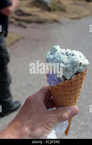 Eisspezialitäten Urlaub in Cornwall Gegend Mint Choc Chip und Blaubeere Softeis doppelte Schaufeln zwei Geschmacksrichtungen in Kegel Hot Day Walking am Lands End Stockfoto