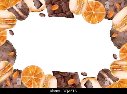 Sandwichkuchen mit Zitrusfrüchten, Macarons und Orangen in Scheiben, Schokoladenbrösel, mit Kakao überzogene Dragee in Aquarellfarben. Handgezeichneter Dessertkranz Illustration Stockfoto