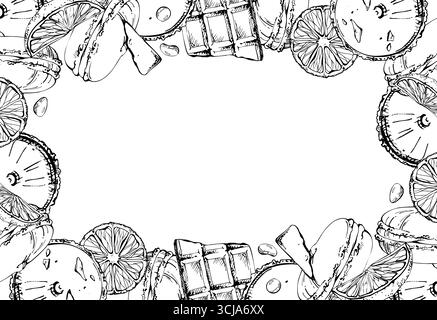 Zitrusmakronen mit Orangenscheiben, Sandwichgebäck, Schokoladenbrösel, Kakaodragees in Vektortinte. Handgezeichneter Dessertkranz Illustration. Kulinarisch Stock Vektor