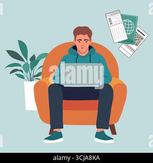 Mann, der im Sessel mit Laptop und Reisedokumenten sitzt, Home Office Reisekonzept Hintergrundvektor Stock Vektor