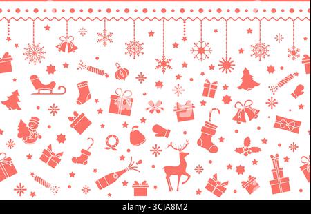 Weihnachtsmuster Hintergrund mit roten Feiertagsymbolen einschließlich Geschenke, Dekorationen und Rentiervektor Stock Vektor