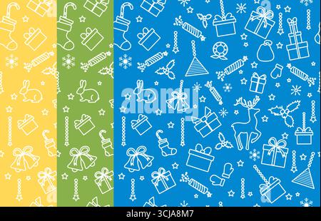 Weihnachtsfeiertag Muster mit Geschenken, Strümpfen und festlichen Symbolen auf bunten Hintergründen Vektor Stock Vektor