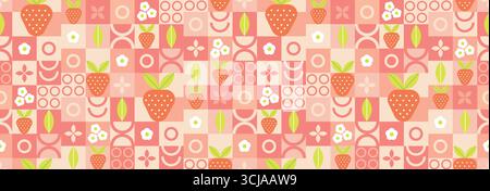 Abstraktes geometrisches Erdbeermuster im minimalistischen Stil. Natürliche organische Formen von Pflanzen und Beeren, ökologischer Landbau. Stock Vektor
