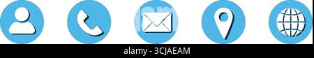 Set aus fünf blauen und weißen runden Symbolen für Kontaktinformationen, einschließlich Person, Telefon, E-Mail, Standort-PIN, und Globus-Symbole für Web- und Printdesign Stock Vektor
