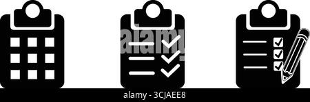 Satz schwarzer Symbole in der Zwischenablage mit verschiedenen Checklisten und Planungsdarstellungen, einschließlich Raster, Häkchen und einem Bleistift Stock Vektor