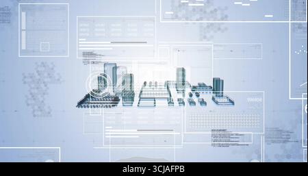 Anzeige einer Miniatur-Stadtansicht von 3D-Blöcken auf Leiterplattenebene mit durchscheinenden UI-Panels Stockfoto