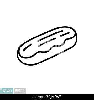 Eine klassische Vektorlinie für ein köstliches Eclair, ein langer Choux-Teig gefüllt mit Sahne und garniert mit Zuckerguss. Perfekt für Bäckereimenüs und Websites. Stock Vektor