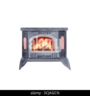 Gemütlicher Holzofen mit hellen Flammen im Inneren Aquarellillustration isoliert auf weiß. Perfekt für Winterpostkarten, Urlaubseinladungen, zu Hause Stockfoto