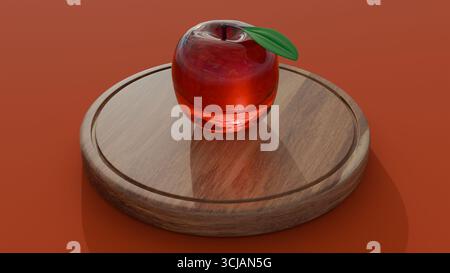 Ein 3D-gerenderter Glasapfel auf einem hölzernen Schneidebrett mit rotem Hintergrund, beleuchtet von Studiolichtern. Der lebhafte Kontrast hebt den Apfel hervor Stockfoto