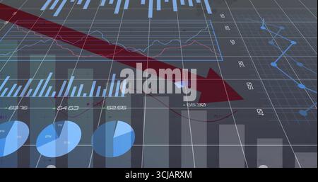 Anzeigen des Dashboards mit rotem Abwärtspfeil mit Trenddiagrammen mit Balkendiagrammen, Tortendiagrammen und Liniendiagrammen Stockfoto