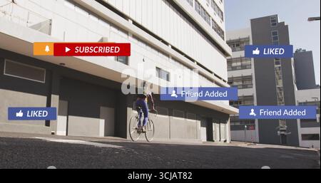 Asiatische Radfahrer auf dem Fahrrad in grüner Jacke, blauer Jeans, urbaner Straße, mit schwimmenden Ikonen Stockfoto