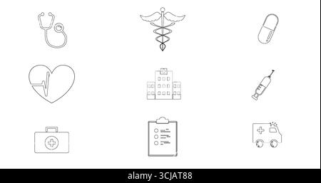 Mit Gitter aus neun medizinischen Ikonen im Hintergrund, die Stethoskop, Caduceus, Pille und Krankenwagen zeigen Stockfoto
