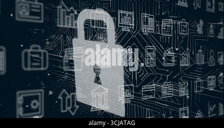 Zeigt das Vorhängeschloss mit dem Mauszeiger über die digitale Schnittstelle mit Aktenkoffer, Karte, Umschlag und Zahnradsymbolen an Stockfoto