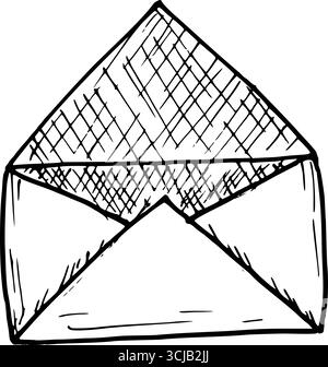 Geöffneter Papierumschlag. Vektorillustration von Kraftpapier. Einfache schwarze Grafik, handgezeichnet im Doodle-Stil. Clip-Art von Outline Vintage-Zeichnung. Linie Stock Vektor