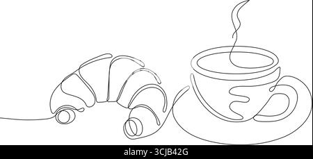 Durchgehende einzeilige Zeichnung einer Kaffeetasse mit Croissant, symbolisiert ein gemütliches französisches Frühstück. Minimalistischer Umrissstil, perfekt für CAF-Branding, Stock Vektor