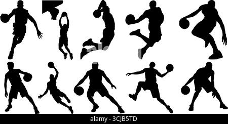 Dynamische Silhouetten für Basketballspieler in Schwarz, die Dribbling-, Taucher- und Springbewegungen zeigen. Perfekt für Sport, sportliches Branding, Poster. Stock Vektor
