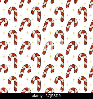 Nahtloses Vektor-Weihnachtsmuster mit rotem Zuckerrohr und goldenen Sternen. Perfekt für Weihnachtsverpackungspapier, festliche Dekoration, Grußkarten und Stock Vektor