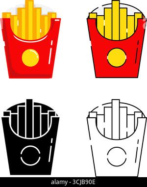 Set Bundle of icon Fast Food French Pommes Frites in Outline, Silhouette, Linear und Füllfarbe Cartoon Style Vektor isoliert Design Stock Vektor