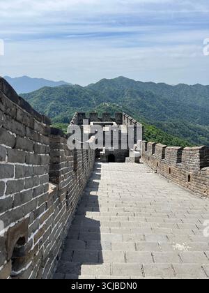 Stufen der Chinesischen Mauer, die sich in üppige grüne Berge unter einem hellen Sommerhimmel schlängeln. Stockfoto