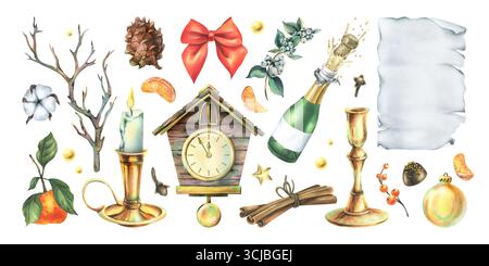 Handgemalte Aquarellillustration Set mit Weihnachtsuhr, Champagner, Schleife, Kerzen, Tannenzweigen, Baumwolle, Schriftrollen und festliches Dekor, perfekt für Stockfoto