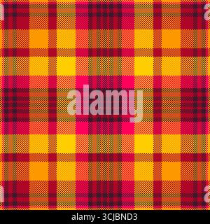 Lebendiges pixelfarbenes Karomuster. Rote, gelbe und orangefarbene Quadrate sorgen für ein warmes, retroinspiriertes Design. Ideal für Hintergründe, Textilien und abstrakte Co Stock Vektor