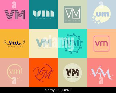 VM-Logo-Firmenvorlage. Buchstaben V und m. Setzen Sie mit Designelementen verschiedene klassische Serifenschriftarten und modernen, auffälligen Text. Anfängliche Schriftart Stock Vektor