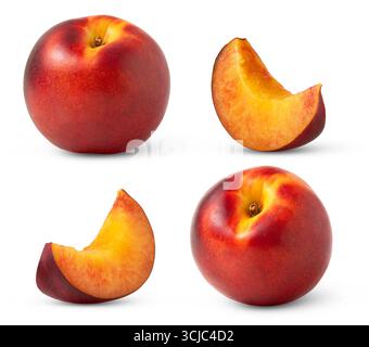 Ganze und geschnittene Pfirsichfrucht-Sammlung isoliert auf weißem Hintergrund. Stockfoto