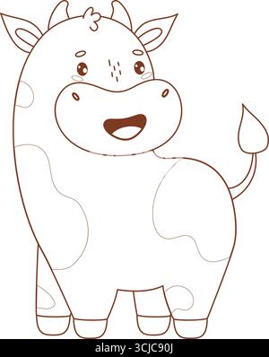 Entdecke die süße Happy Cartoon Cow. Bezauberndes Kawaii-Tier. Linienzeichnung, Malbuch. Vektorabbildung. Kinderkollektion. Nicht AI Stock Vektor