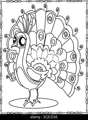 Peacock Cartoon Vogel zum Ausmalen, Schwarzweiß Ausmalbuch oder Seite für Kinder. Stock Vektor