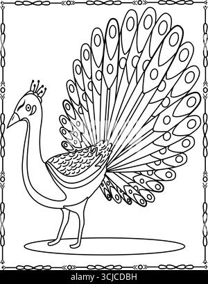 Schöne Pfauenmalerei mit eleganten Federn und detaillierter Strichkunst. Perfekt für Kinder. Stock Vektor