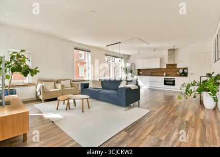 Heller, moderner Wohnbereich mit offenem Konzept, stilvollem Sofa, gemütlichen Sesseln, Holzfußboden, Pflanzen im Innenbereich und einer eleganten Küche mit weißer Kabine Stockfoto