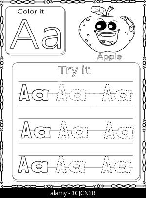 „Malseite „Alphabet A“ für Kinder – Arbeitsblatt „Letter A“ Stock Vektor